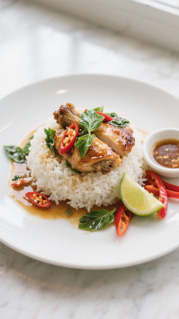 Final plated dish, overhead presentation: Overhead shot of Thai basil chicken thighs spooned over a 