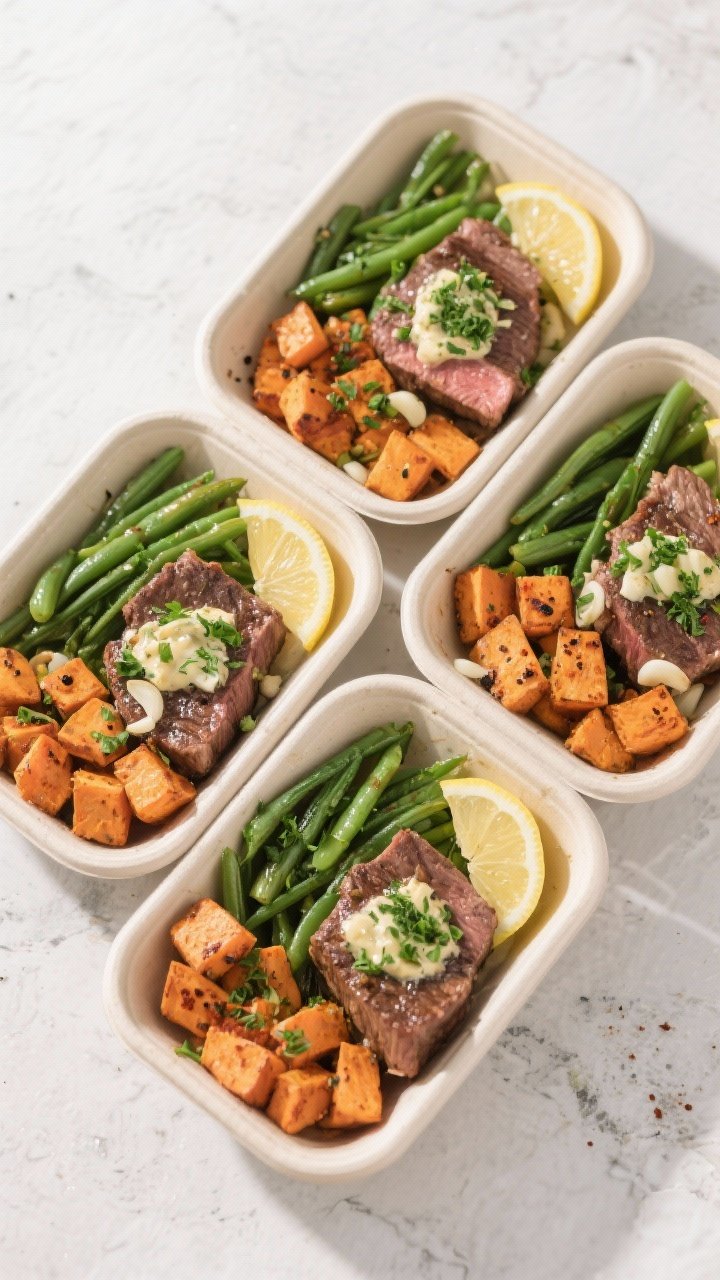 Final plated meal prep, tasty top view: Overhead shot of four neat meal-prep containers filled with