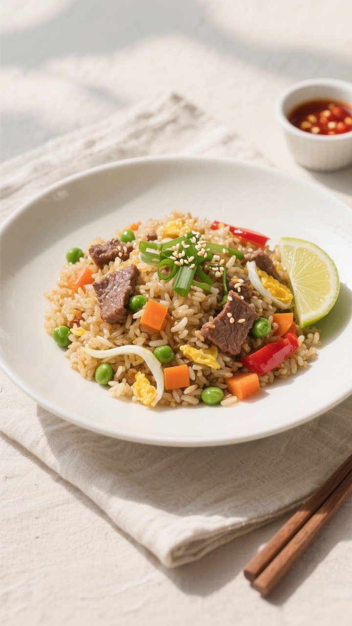 Final plated, overhead beauty: Overhead shot of Healthy Beef Fried Rice neatly mounded in a wide, wh