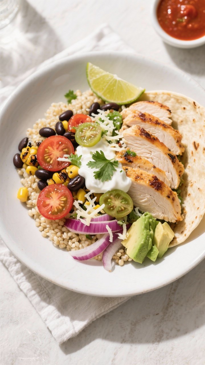 Final plated overhead bowl: High-protein chicken taco protein plate arranged on a matte white shallo