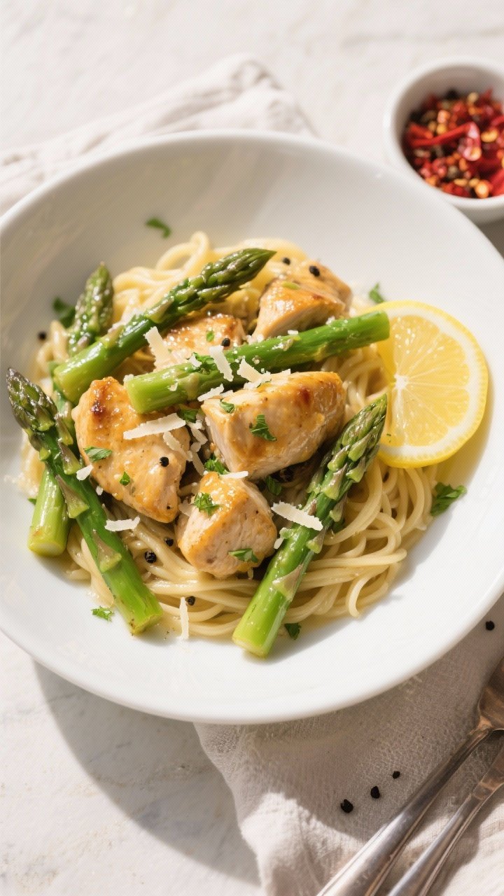Final plated overhead: Chicken Asparagus Skillet beautifully presented in a wide, shallow white bowl