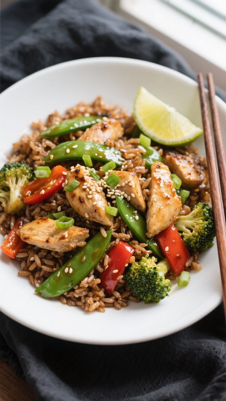 Final plated overhead: Chicken & Brown Rice Veggie Stir Fry served in a wide matte-white shallow bow