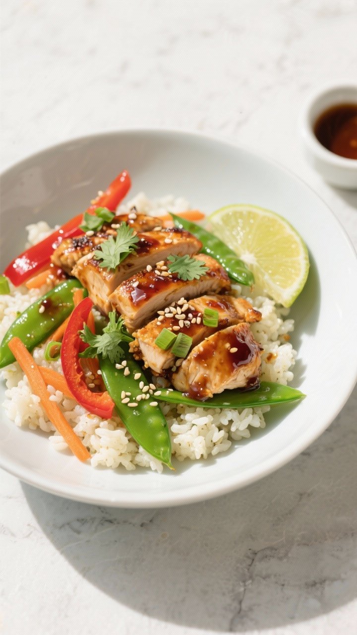 Final plated, overhead: Chicken Cauliflower Rice Bowl arranged in a matte white shallow bowl—fluff