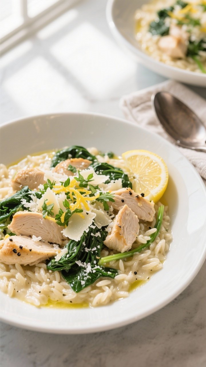 Final plated overhead: Creamy Lemon Chicken Orzo in a shallow white bowl, loose and glossy like thic