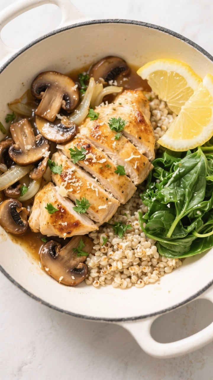 Final plated overhead: Healthy High Protein Chicken & Mushroom Skillet served family-style in a wide