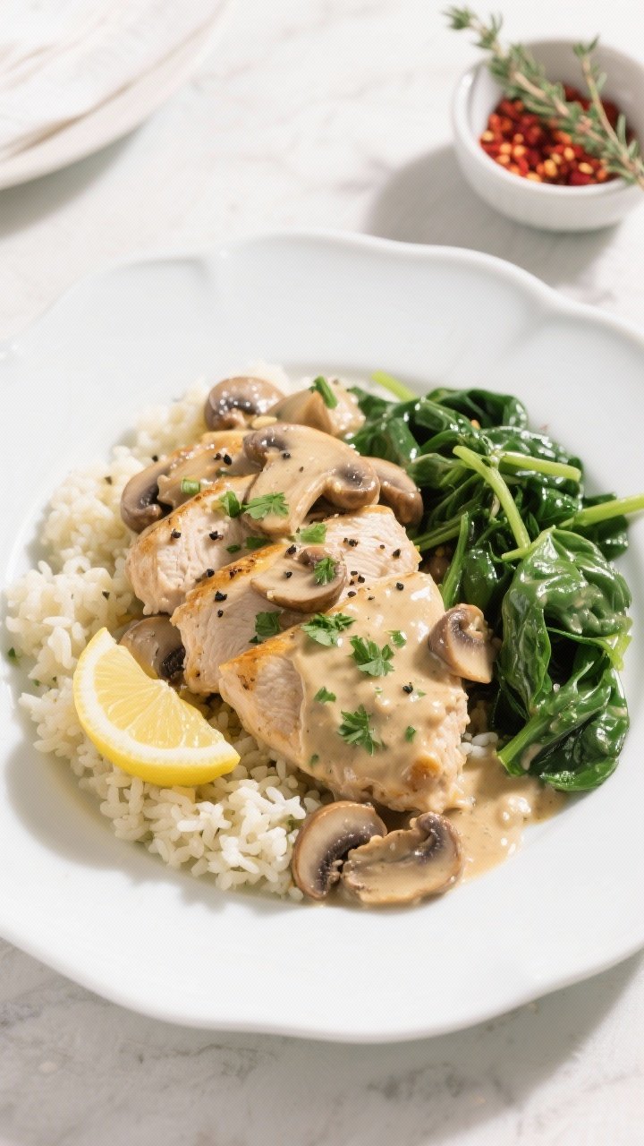 Final plated overhead: Healthy Low Calorie Creamy Mushroom Chicken artfully arranged on a wide, whit