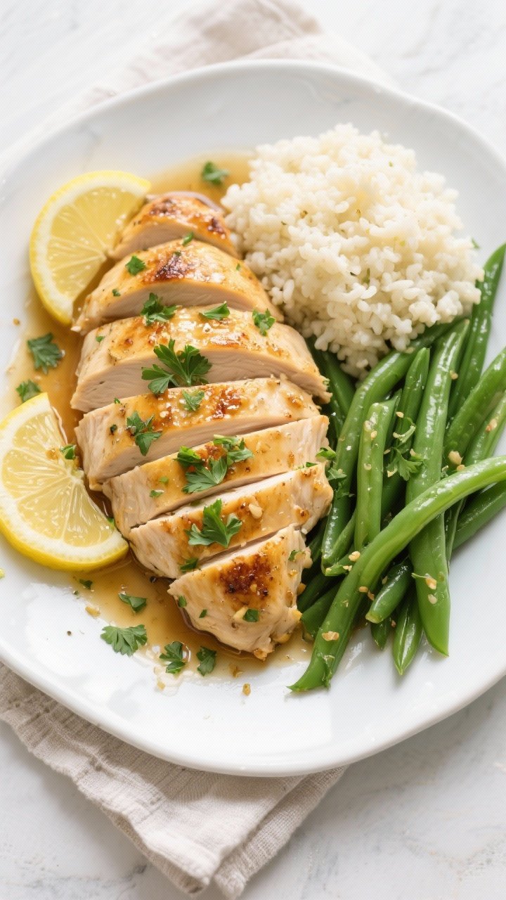 Final plated overhead: Healthy Low Calorie Garlic Lemon Chicken sliced and fanned on a white ceramic