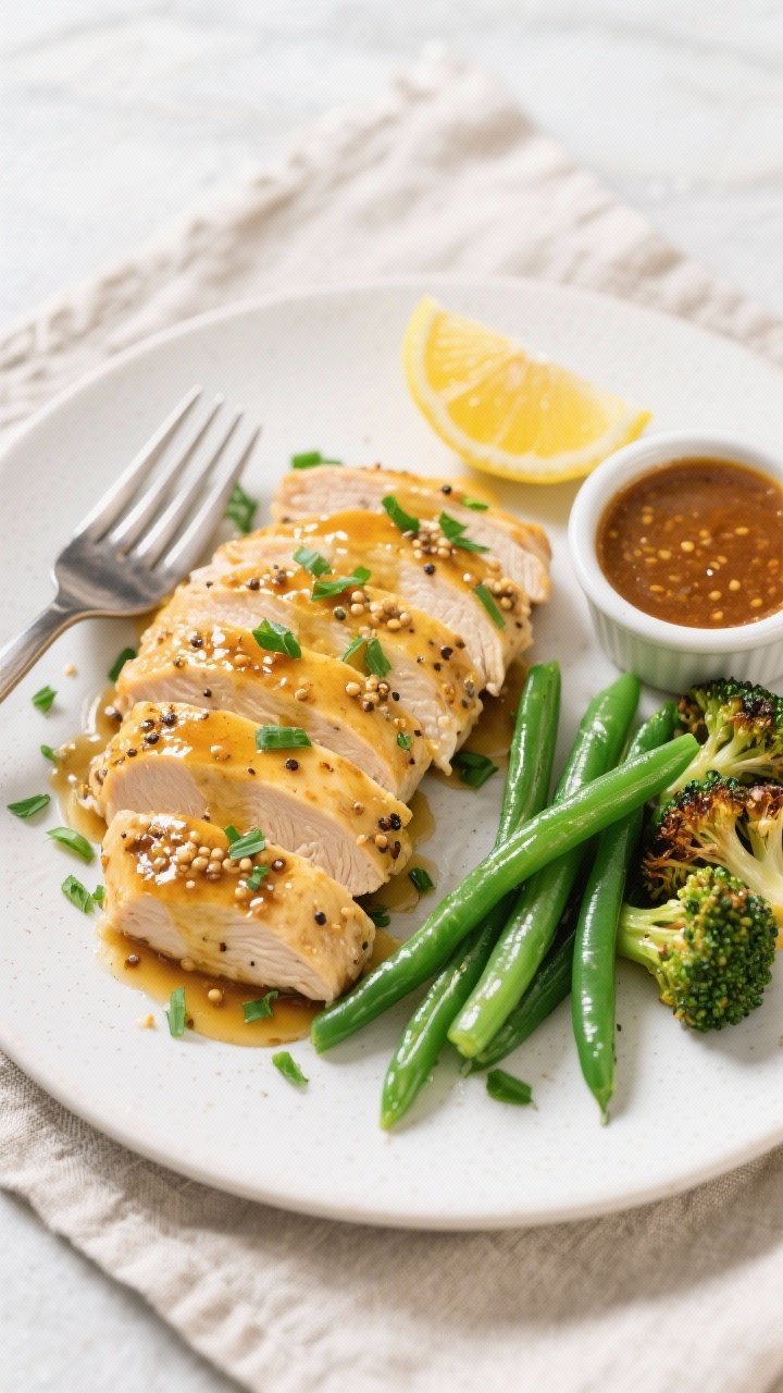 Final plated overhead: Healthy low calorie honey mustard chicken sliced and fanned on a matte white