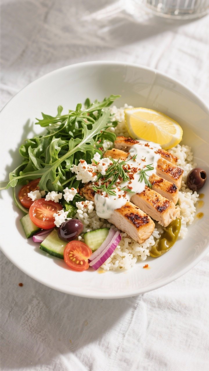 Final plated overhead: Healthy Low Calorie Mediterranean Chicken Bowl arranged on a wide white shall