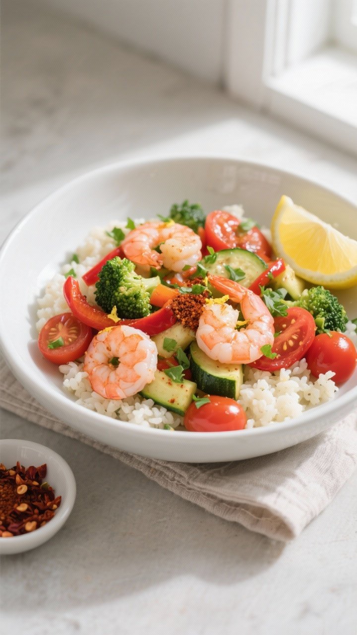 Final plated overhead: Healthy Low Calorie Shrimp & Veggie Skillet served in a wide white bowl over 