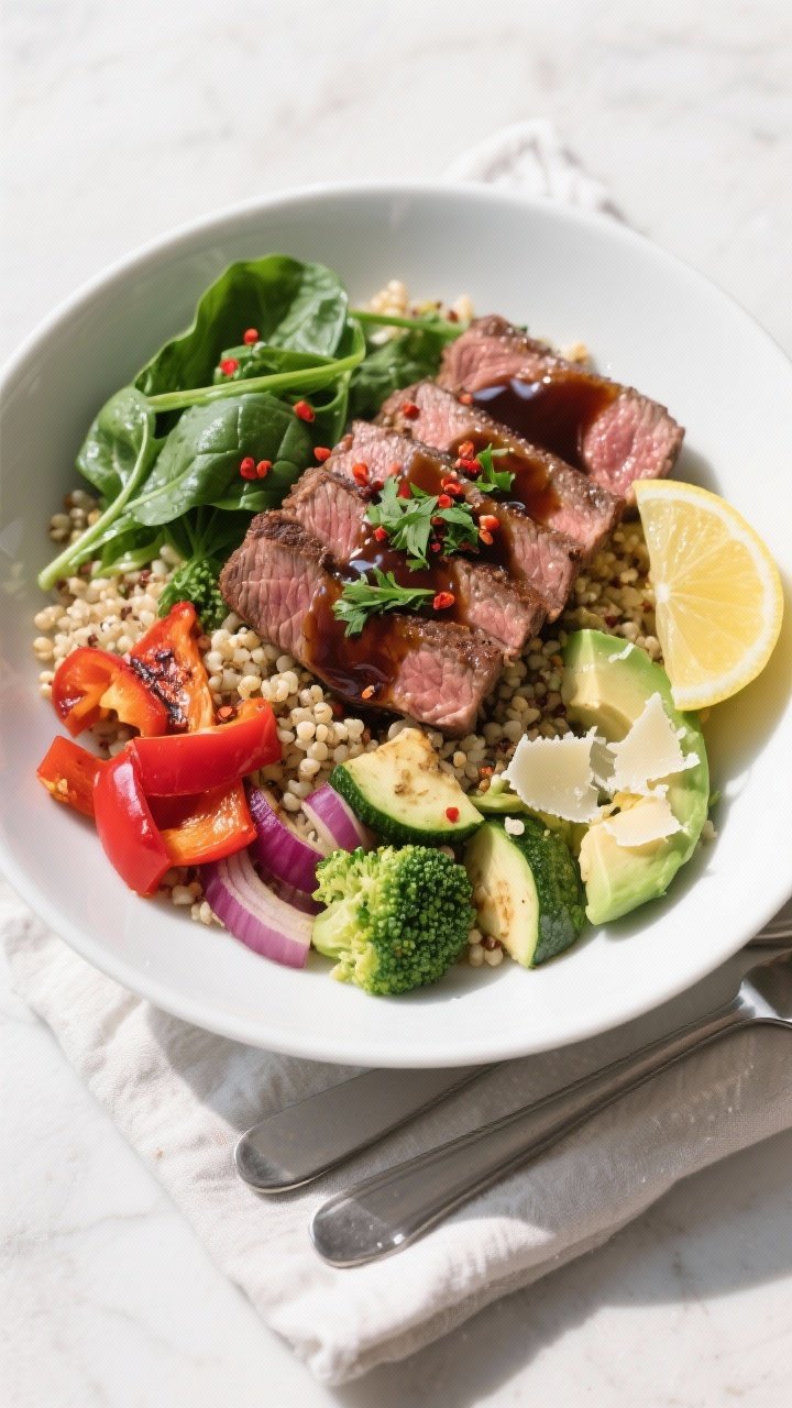 Final plated overhead: High Protein Balsamic Glazed Steak Bowl, in a wide white bowl—fluffy quinoa