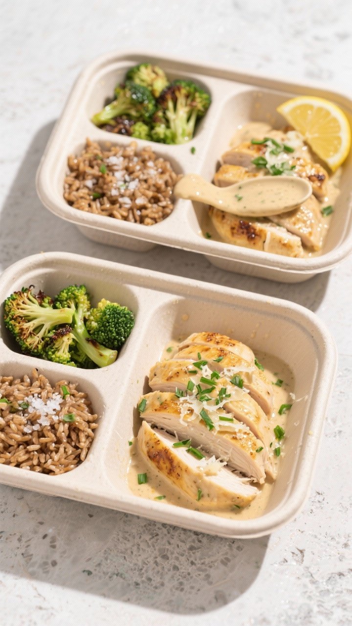 Final plated overhead: High Protein Creamy Garlic Chicken meal prep containers arranged top-down, ea