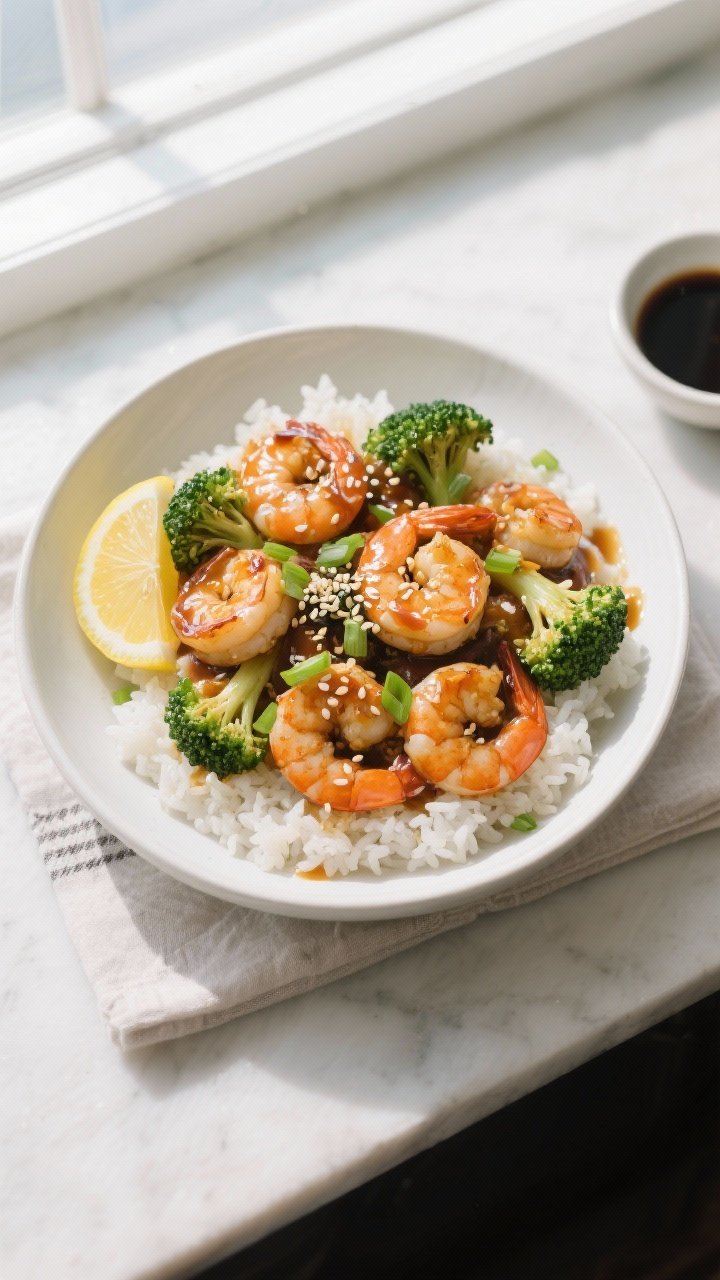 Final plated overhead: High Protein Shrimp & Broccoli Skillet served over fluffy white rice in a wid