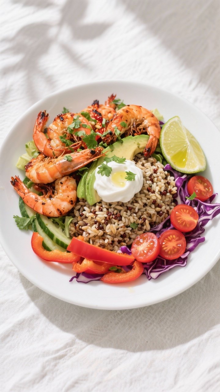 Final plated overhead: High Protein Spicy Shrimp Protein Plate arranged in a wide shallow bowl—hal