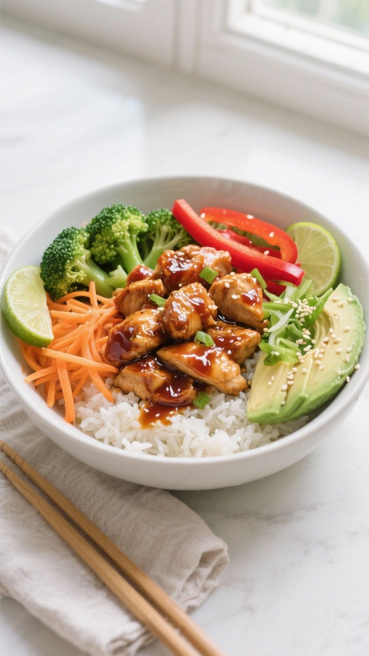 Final plated overhead: High Protein Sriracha Honey Chicken Bowl, top-down shot of a neatly composed
