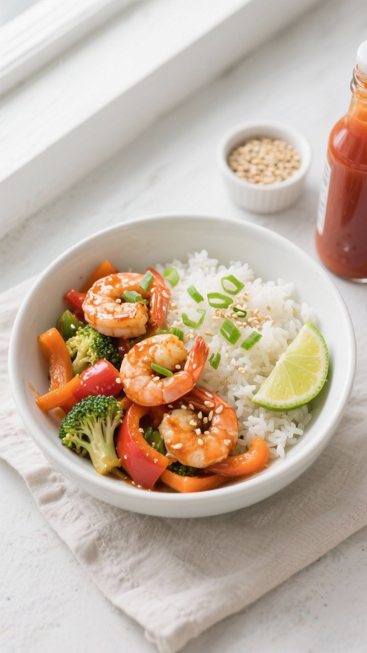 Final plated overhead: High-protein sweet chili shrimp bowl served over fluffy jasmine rice, topped 