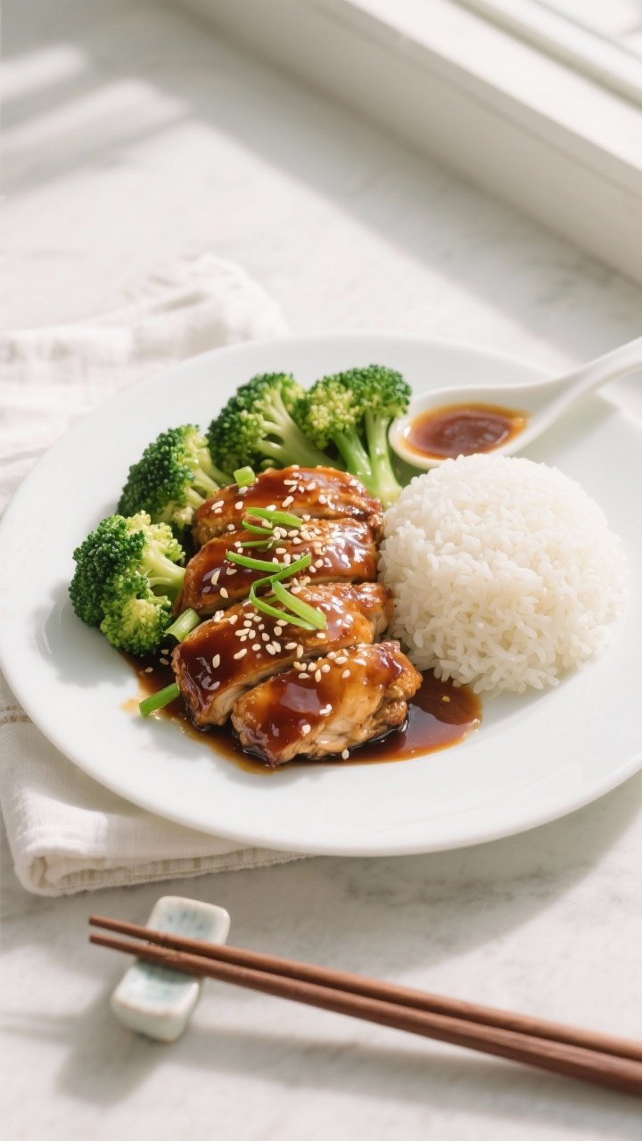 Final plated overhead: Honey garlic chicken and crisp-tender steamed broccoli arranged on a wide whi