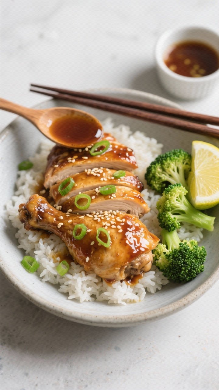 Final plated overhead: Honey Garlic Chicken Thighs neatly sliced and fanned over fluffy steamed whit