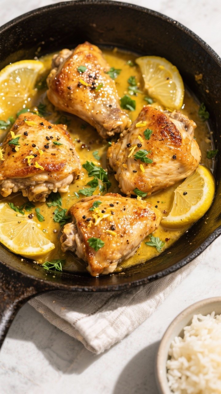 Final plated overhead: Lemon Pepper Chicken Thigh Skillet finished and sauced, of 4 glossy, crispy-s