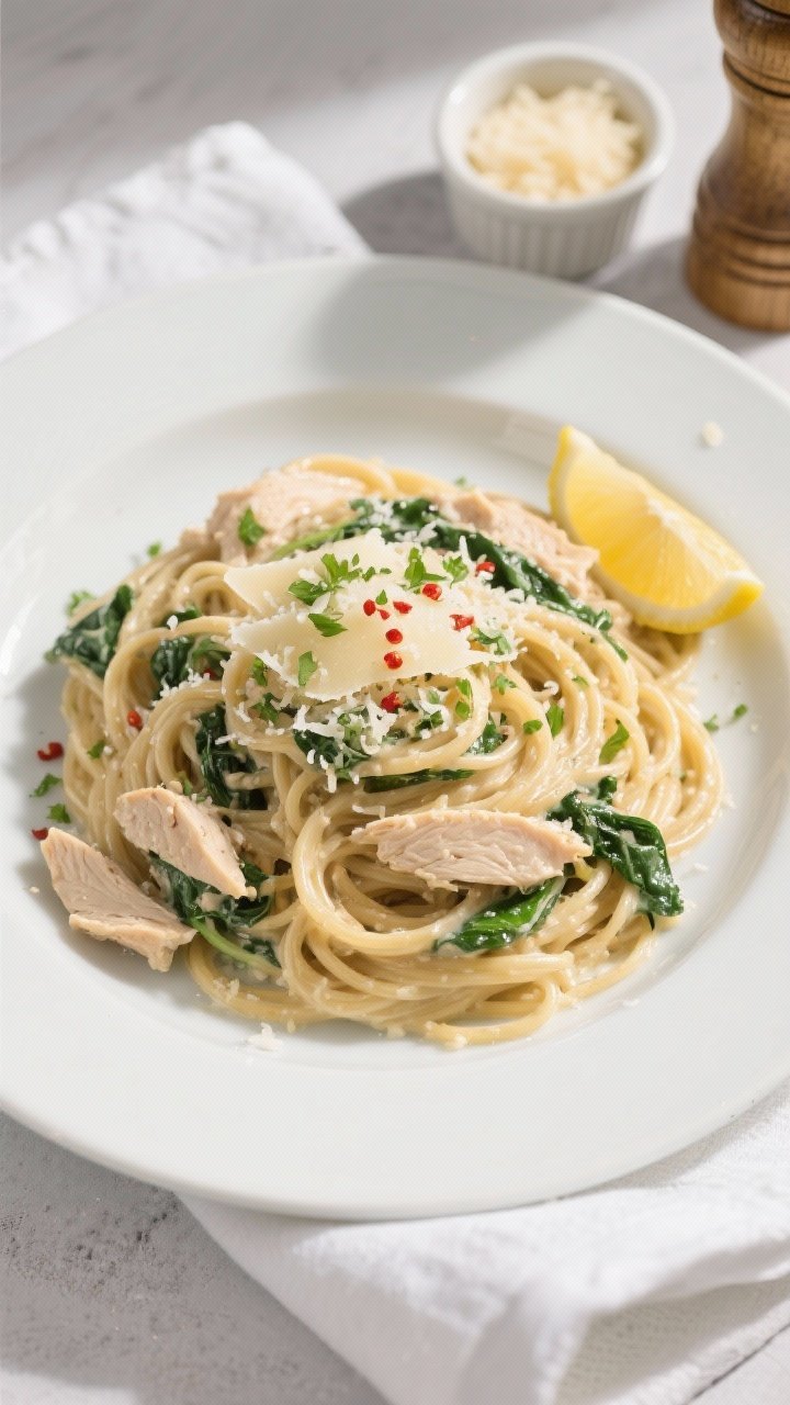 Final plated overhead: Light Chicken Alfredo Spaghetti twirled into neat nests on a wide white ceram