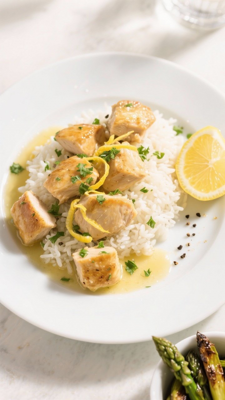 Final plated overhead: Light Lemon Butter Chicken Bites arranged over fluffy jasmine rice on a wide