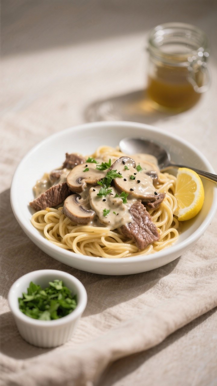 Final plated overhead: Low-calorie beef stroganoff spooned over whole-wheat egg noodles on a matte w