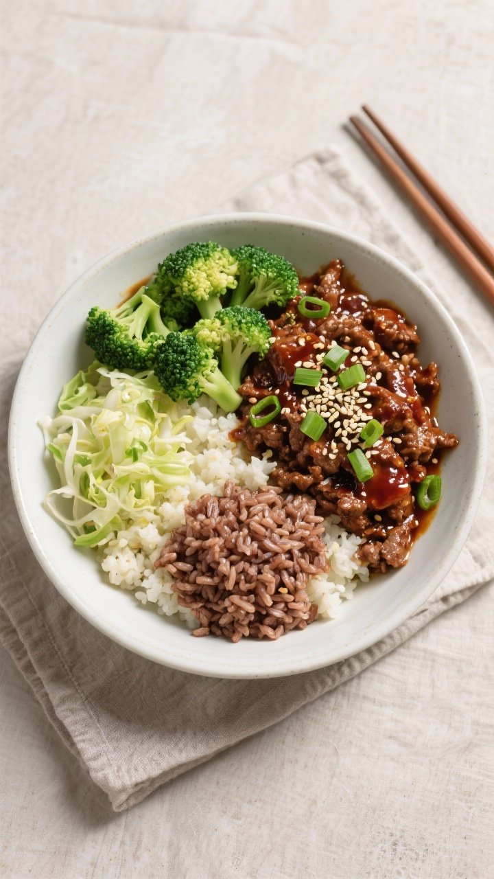 Final plated overhead: Low-calorie Korean ground beef bowl served over cauliflower rice and a small