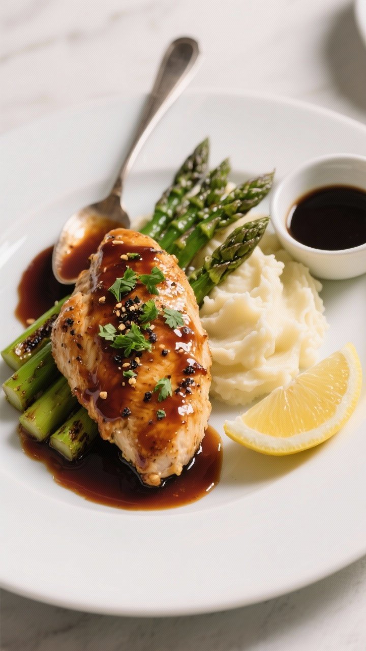 Final plated, overhead: Overhead shot of Balsamic Glazed Chicken & Asparagus plated on a wide white 