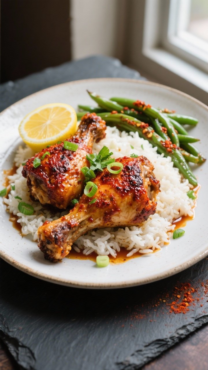 Final plated/overhead: Overhead shot of beautifully plated Cajun spiced chicken thighs (bone-in, ski