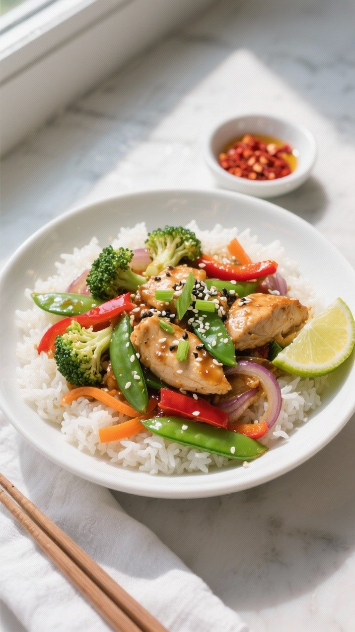 Final plated, overhead: Overhead shot of Chicken Stir Fry With Vegetables served over fluffy jasmine