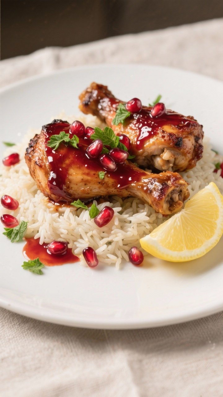 Final plated overhead: Overhead shot of pomegranate glazed chicken thighs finished to 175°F, lacque
