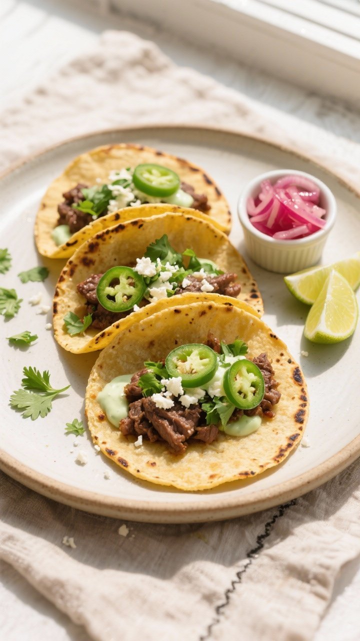 Final plated overhead: Overhead shot of simple cilantro-lime beef tacos—three small, lightly charr