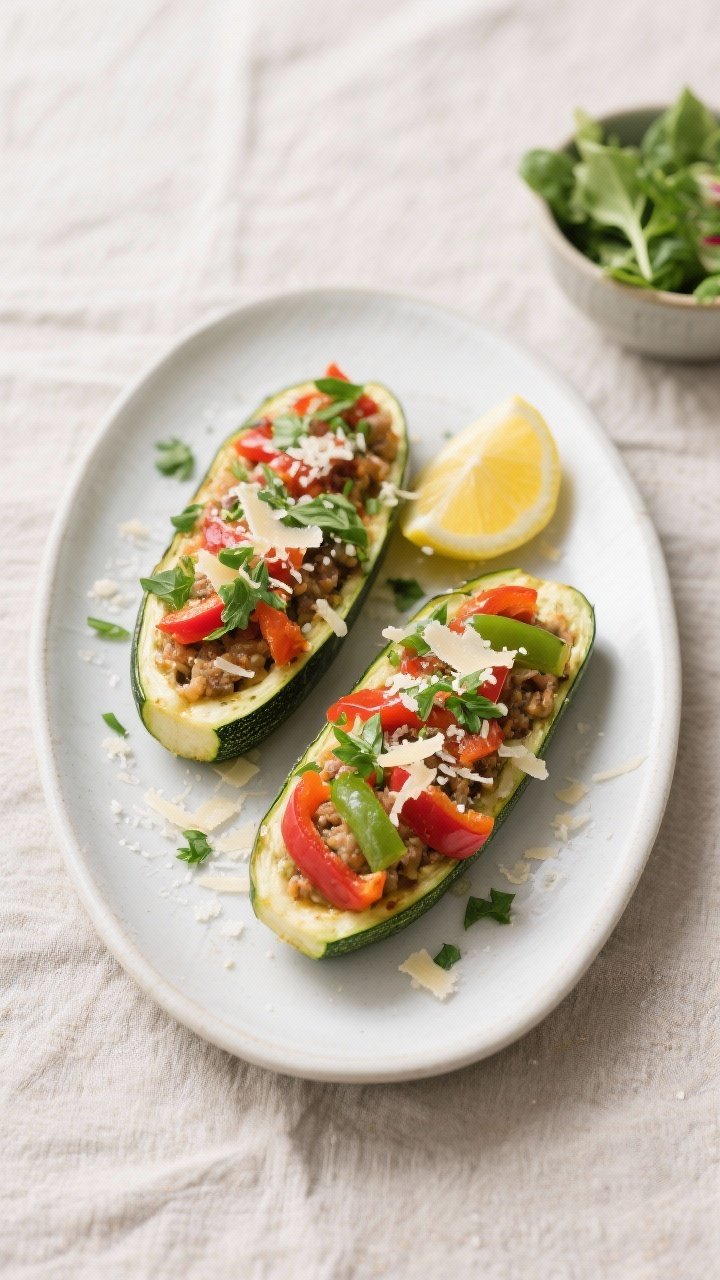 Final plated/overhead shot: Beautifully plated Healthy Low Calorie Stuffed Zucchini Boats, overhead,