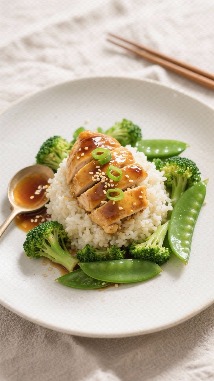 Final plated overhead shot: Healthy Low Calorie Honey Garlic Chicken arranged in a neat mound over a
