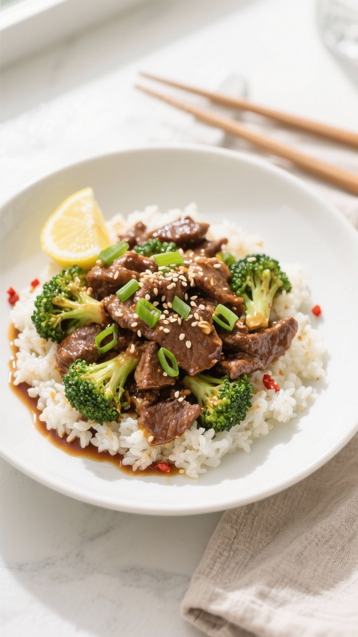 Final plated overhead shot: Healthy Low Calorie Skinny Beef & Broccoli served over cauliflower rice