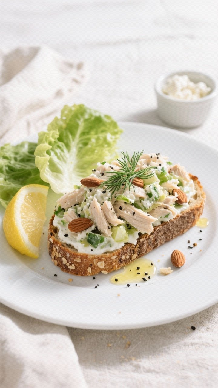 Final plated overhead shot: Open-faced Greek yogurt chicken salad sandwich on toasted multigrain bre