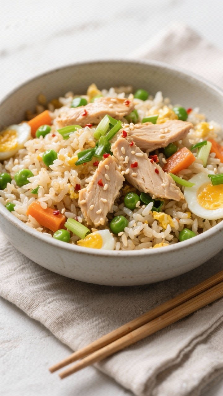 Final plated overhead shot: Restaurant-quality bowl of Healthy Chicken Fried Rice, top view, with ev