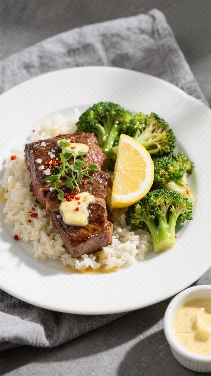 Final plated overhead: Tasty of garlic butter steak bites plated over cauliflower rice with roasted
