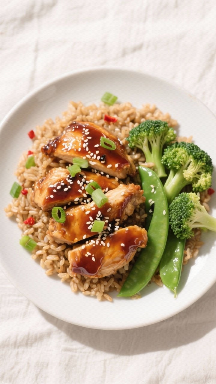 Final plated overhead: Tasty of Healthy High Protein Honey Garlic Chicken served over fluffy brown r