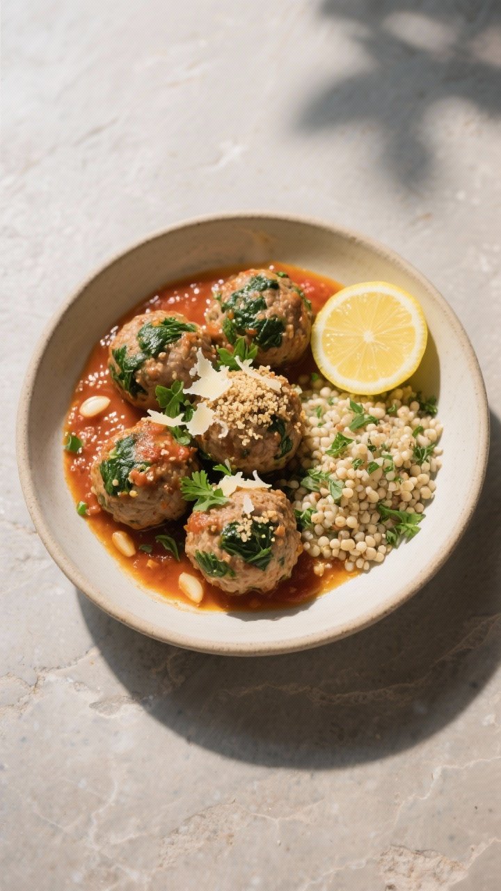 Final plated overhead: Tasty top-view of turkey & spinach meatballs nestled in a shallow bowl of war