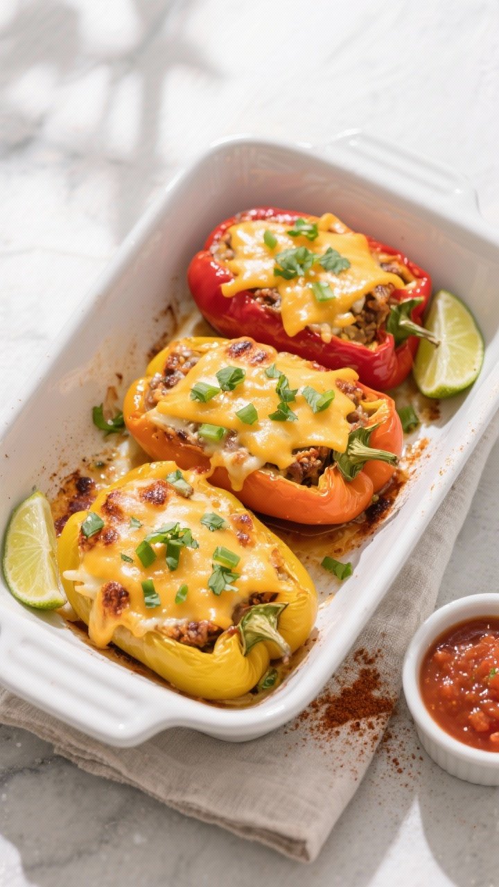 Final plated, overhead top-view: High Protein Taco Stuffed Bell Peppers fresh from the oven, cheese 