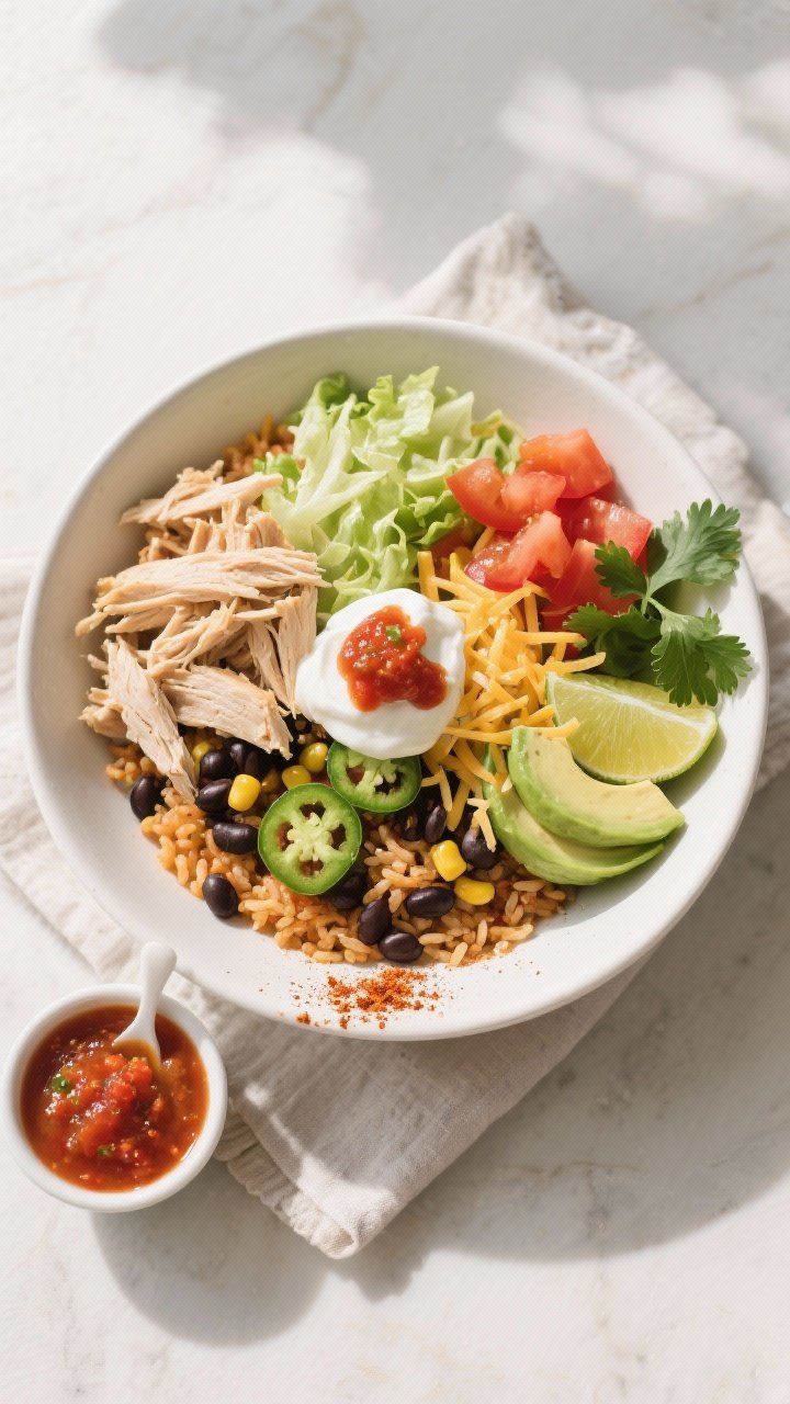 Final plated overhead: Vibrant chicken burrito bowl served in a wide matte white bowl — base of sa