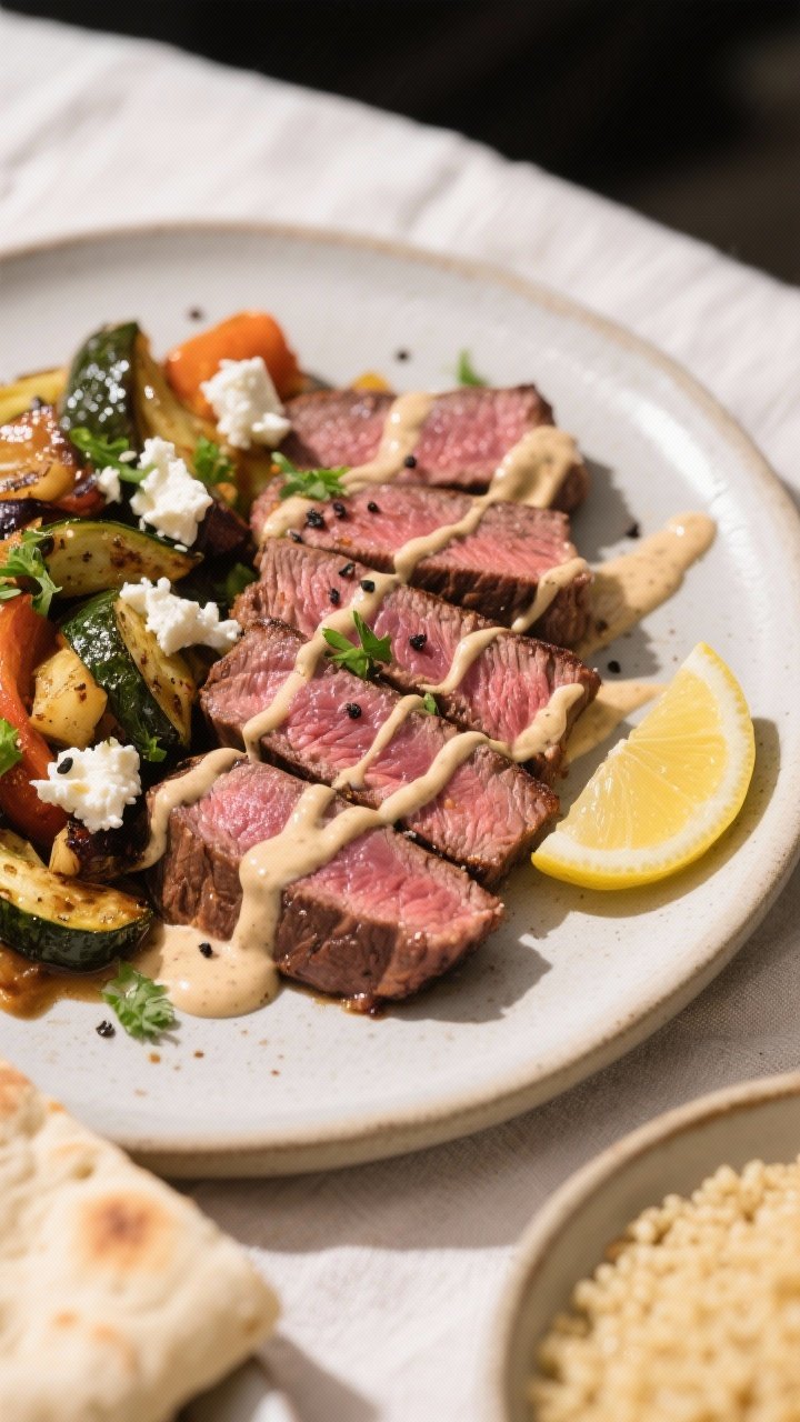 Final plated steak with creamy drizzle, close-up detail: Close-up of sliced medium-rare seared beef 