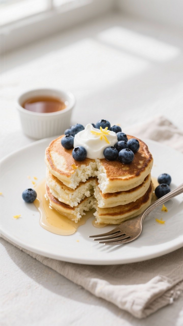 Final plated, tasty top view: Overhead shot of a sweet stack of cottage cheese pancakes on a matte w