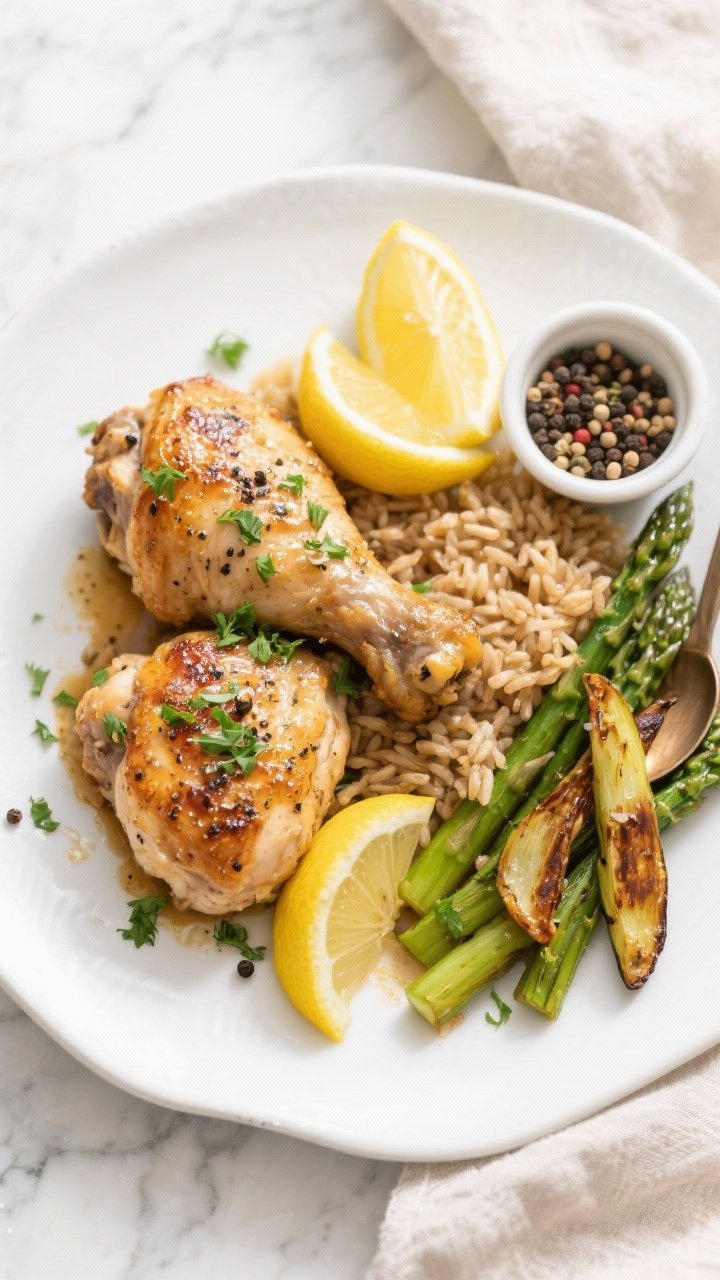 Final plated, tasty top view: Overhead shot of beautifully plated lemon pepper chicken thighs (bone-