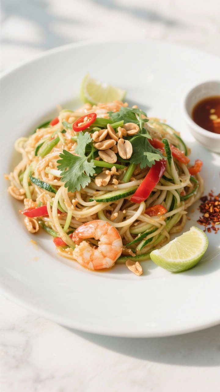 Final plated, tasty top view: Overhead shot of Healthy Low Calorie Zoodle Pad Thai neatly twirled in