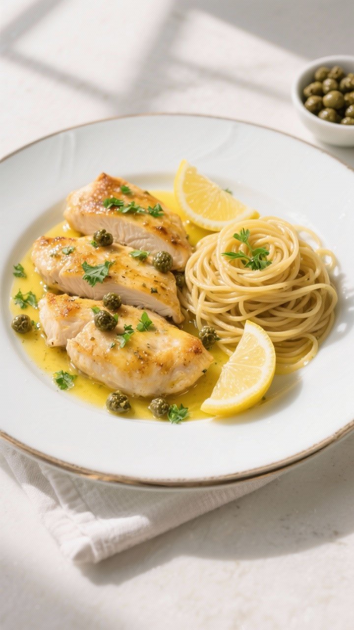 Final plated, tasty top view: Overhead shot of healthy chicken piccata plated on a white rimmed plat