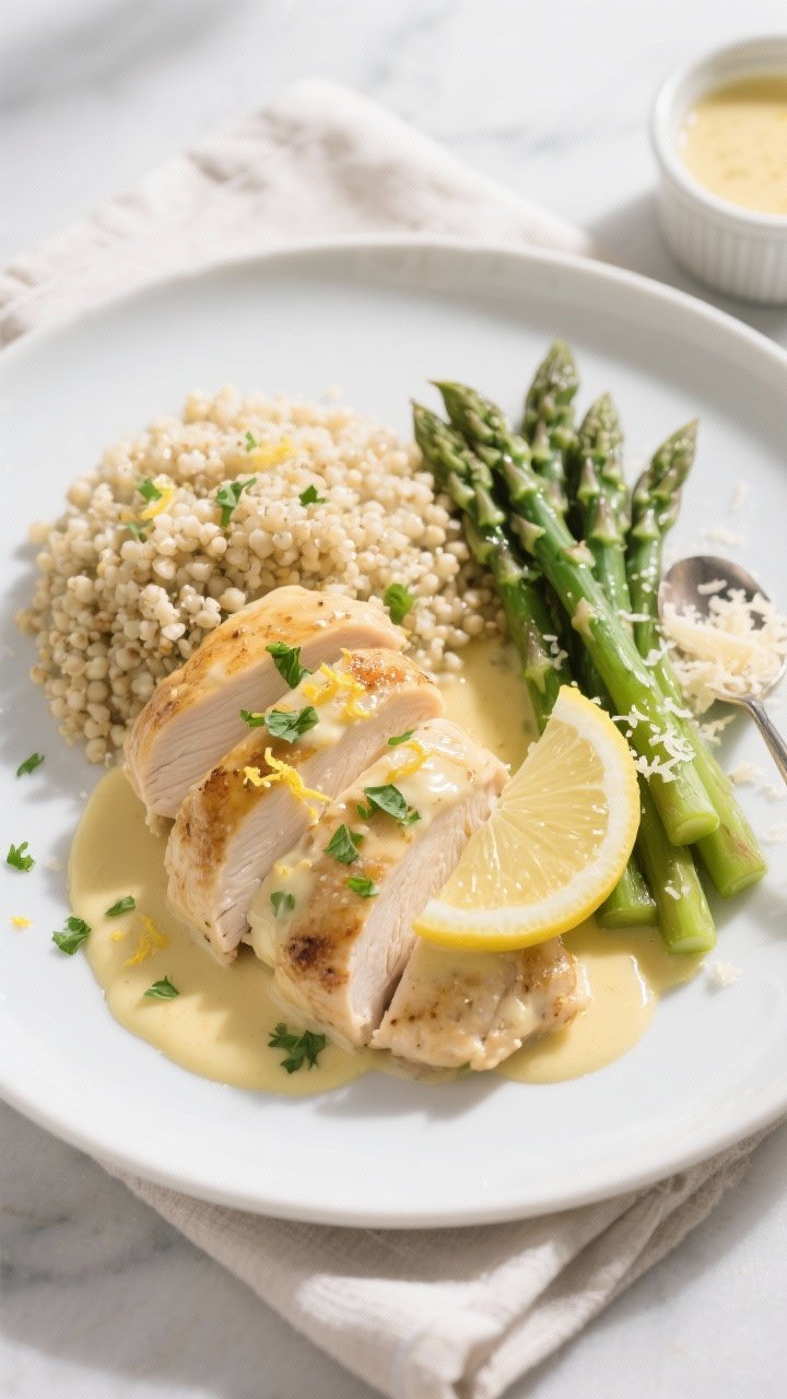 Final plated, tasty top view: Overhead shot of High Protein Creamy Lemon Chicken on a matte white di