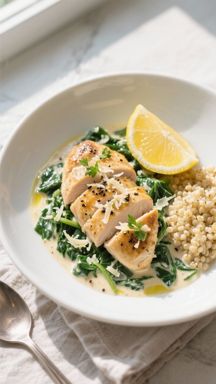 Final plated, tasty top view: Overhead shot of High Protein Creamy Spinach Chicken plated in a shall