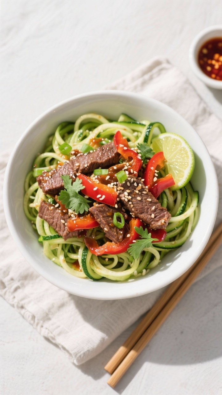 Final plated, tasty top view: Overhead shot of High Protein Beef & Zucchini Noodle Bowls in a wide w